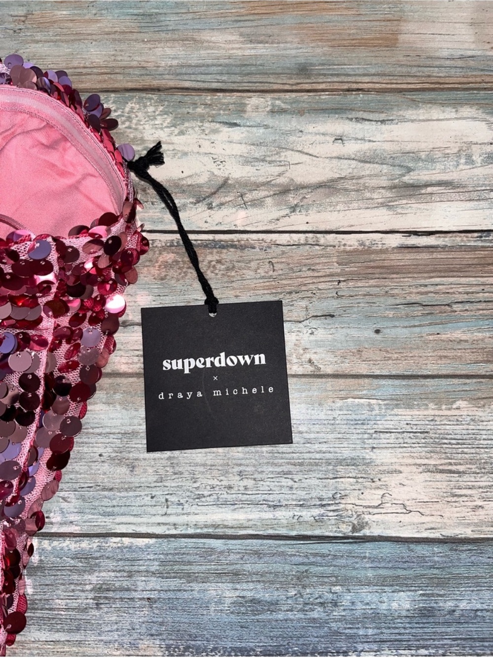 Superdown x Draya Michele Pink Sequin Strapless Bustier Crop Top L NWT - Picture 5 of 6